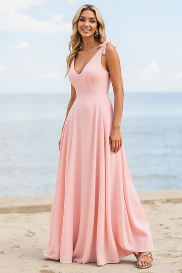 Chiffon A Line Candy Pink Long Boho Bridesmaid Dress with Bow